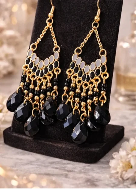 Bohemian black tassel drop earrings for women ethnic geometric alloy acrylic jewellery India