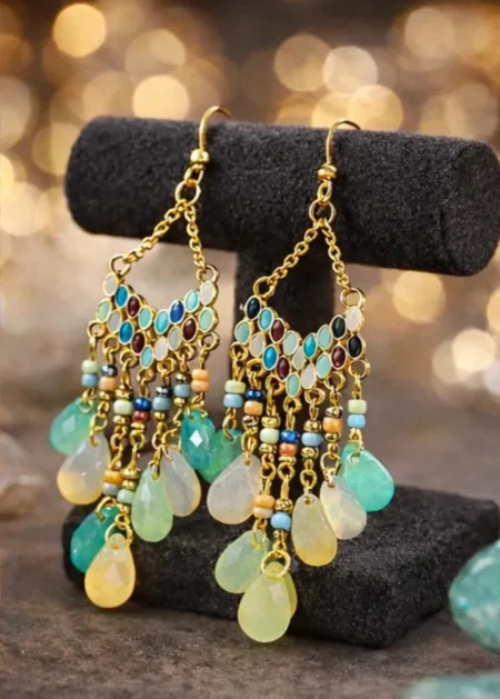 Bohemian pastel multicolor tassel drop earrings for women ethnic geometric alloy acrylic jewellery India