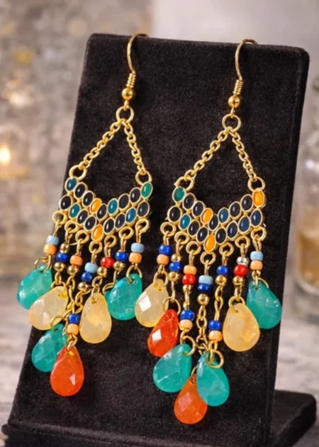 Bohemian multicolor tassel drop earrings for women ethnic geometric alloy acrylic jewellery India