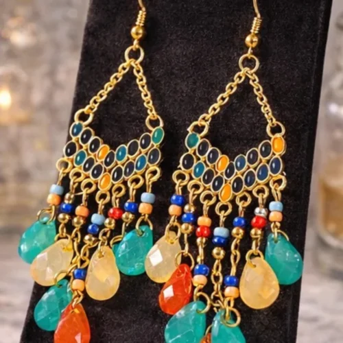 Bohemian multicolor tassel drop earrings for women ethnic geometric alloy acrylic jewellery India