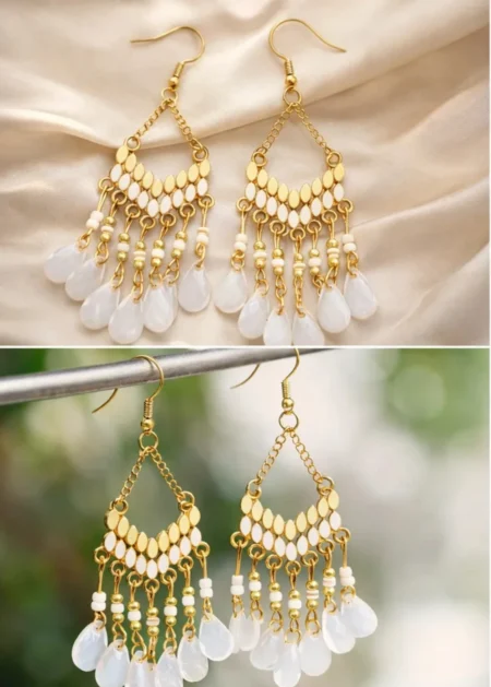 Bohemian white tassel drop earrings for women ethnic geometric alloy acrylic jewellery India
